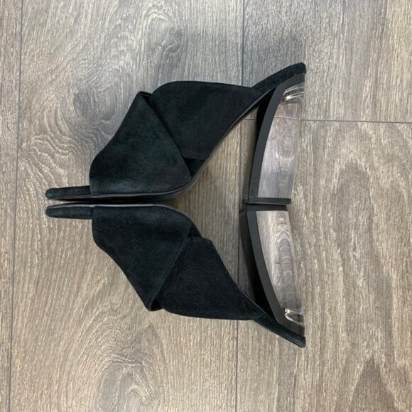 Revolve Kendall & Kylie Karmen Mules heels CrissCross Lucite Acrylic Clear Suede - Picture 11 of 16